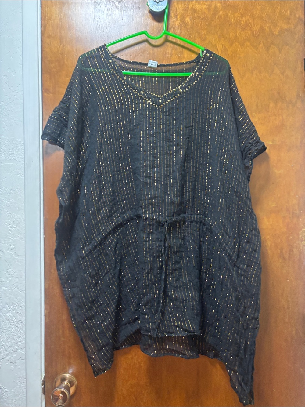 Black Metallic Stripe V-Neck, Swim Cover Up With Drawstring - Size S/M